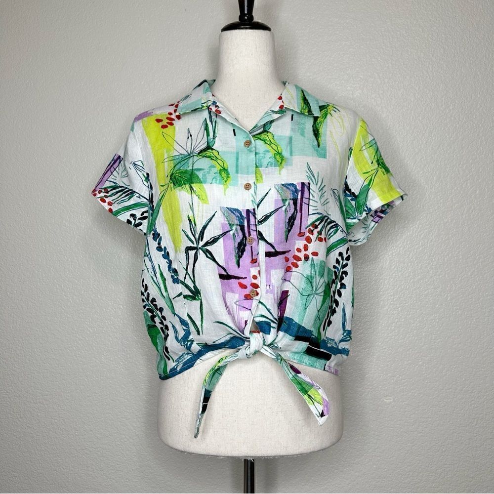 NWOT Sigrid Olsen 100% Linen Tropical Print Button Down Shirt